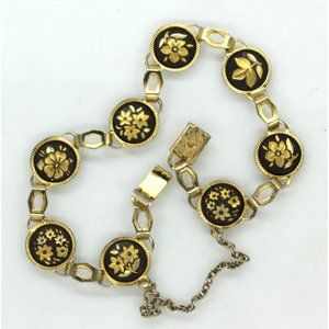 VINTAGE black & gold flowers panel link DAMASCENE BRACELET signed AI 7 1/2"
